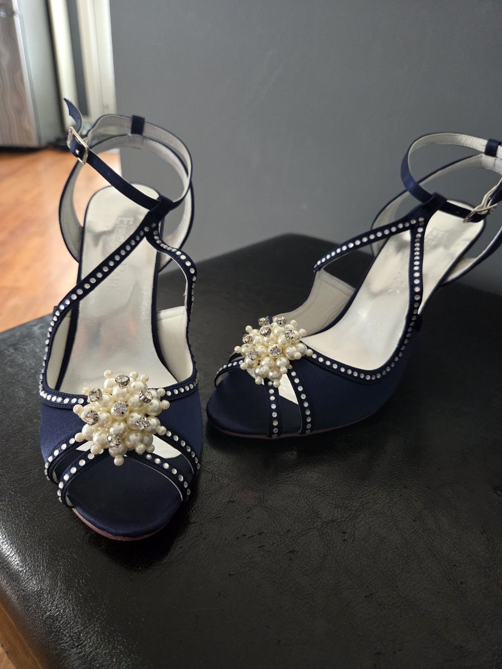 Navy Pearl Embellished T-Strap Women’s Heels